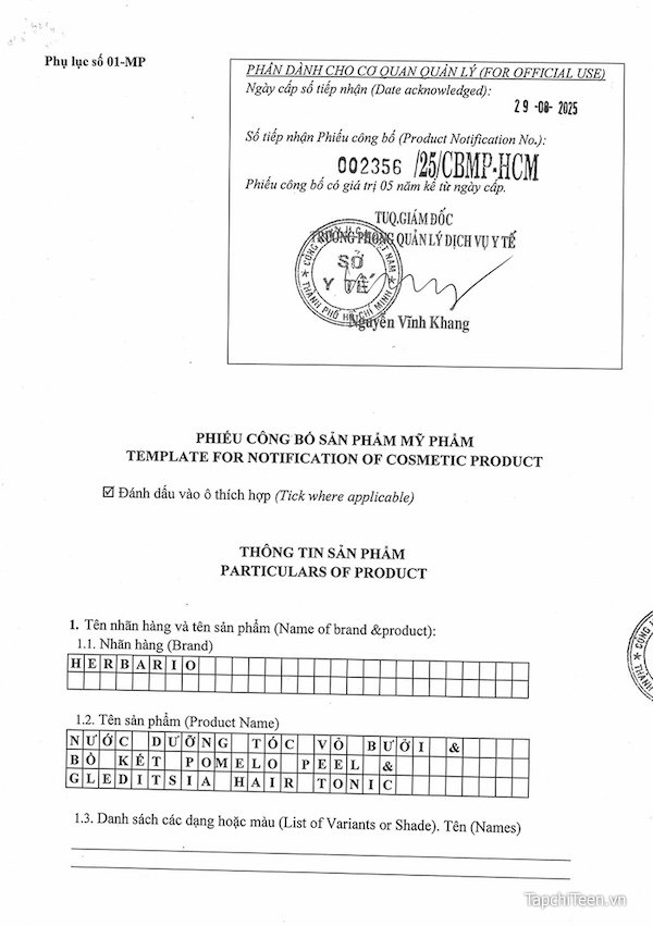 Giấy công bố sản phẩm Xịt dưỡng tóc Herbario giay cong bo san pham nuoc duong toc buoi Herbario